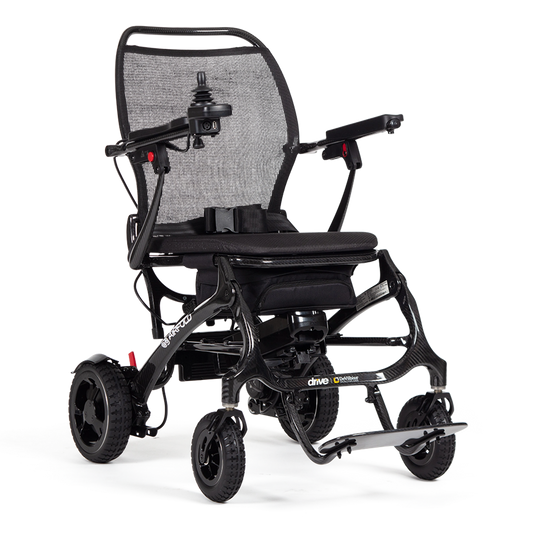 Drive AirFold PowerChair in black, compact foldable electric wheelchair with joystick control and cushioned seat.