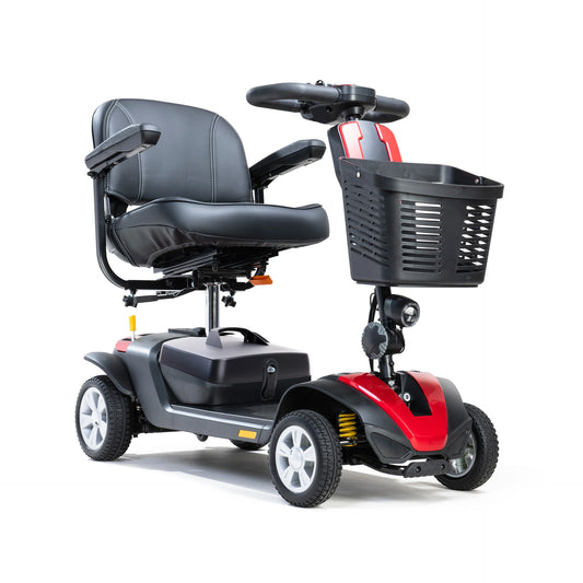 Drive Valiant mobility scooter in red with a comfortable seat and sturdy frame, designed for easy outdoor mobility.
