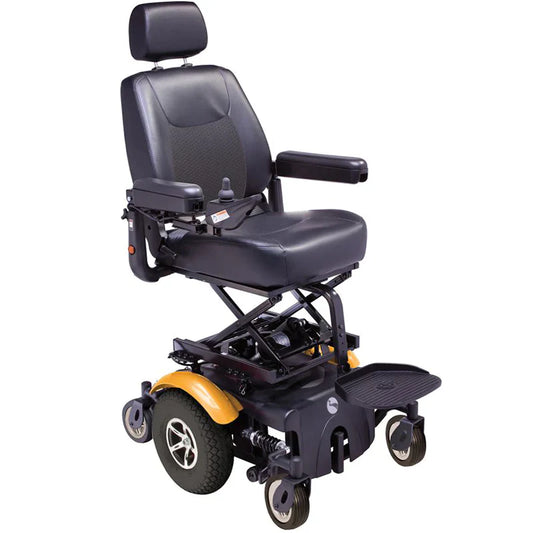 Electric Mobility Rivco PowerChair seat lift in vibrant orange with sunset background for enhanced mobility and comfort.