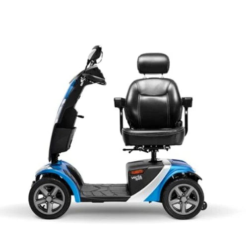 Blue Vecta Sport mobility scooter by Electric Mobility, compact design, side view showing sturdy frame and controls.