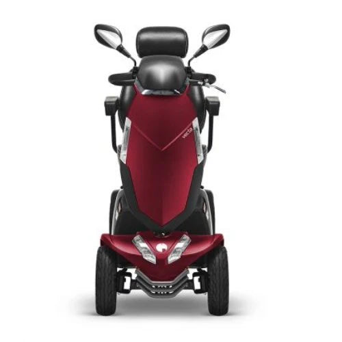 Red Vecta Sport mobility scooter by Electric Mobility, compact design, front view showing the sleek build and control panel.