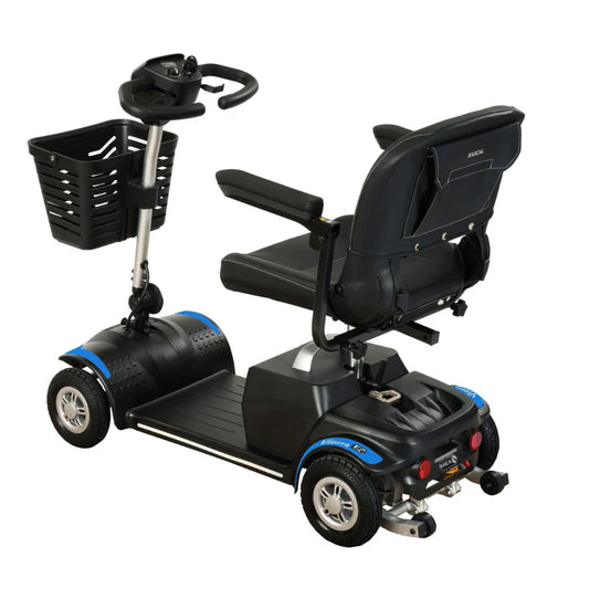 Blue Vierra LiFe mobility scooter by Electric Mobility viewed from the rear, showcasing its compact design and sturdy build.