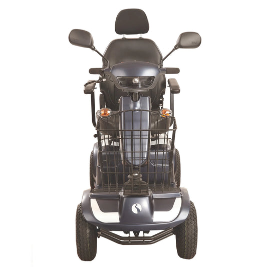Rascal Pioneer Mobility Scooter by Electric Mobility, a Class 3 electric scooter with a sturdy seat and control panel for outdoor use.