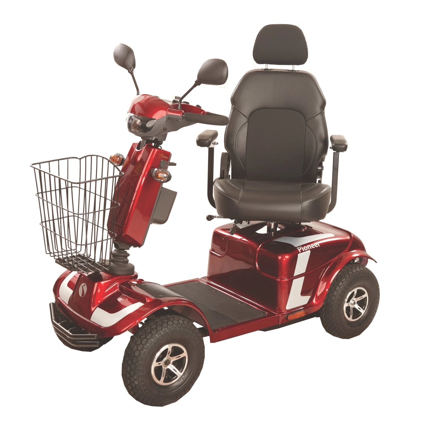 Electric Mobility Rascal Pioneer Class 3 mobility scooter with comfortable seat and sturdy frame for outdoor travel.