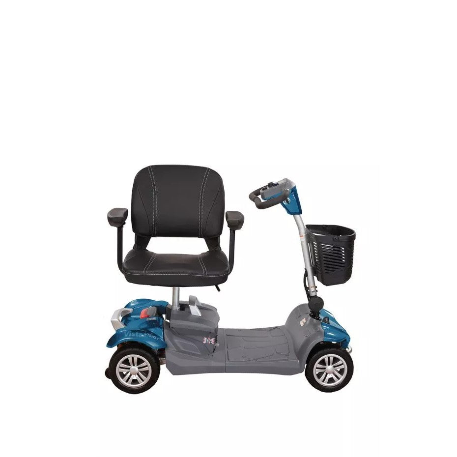 Blue Electric Mobility Rascal Vista Liteway mobility scooter shown from the side, highlighting its compact design and sleek build.