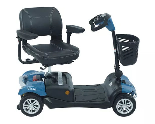 Blue Rascal Vista mobility scooter by Electric Mobility with comfortable seat and sturdy frame for easy outdoor travel