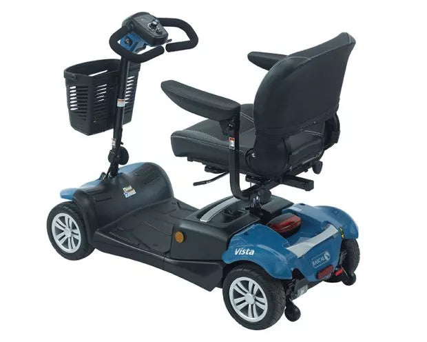 Blue Electric Mobility Rascal Vista mobility scooter viewed from the back, showcasing its compact design and rear features.