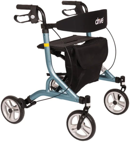 Drive Nitro SL lightweight rollator in spa blue with padded seat and ergonomic handles, designed for easy mobility and support.