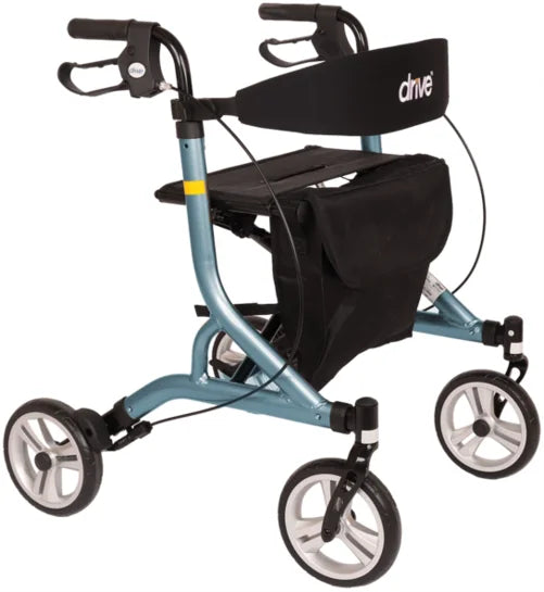 Drive Nitro SL lightweight rollator in spa blue with padded seat and ergonomic handles, designed for easy mobility and support.