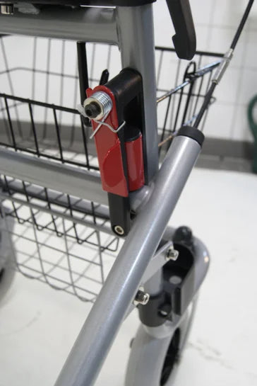 Close-up of the Keepmobile Scooters Cristallo standard rollator with folding safety lock and sturdy frame.