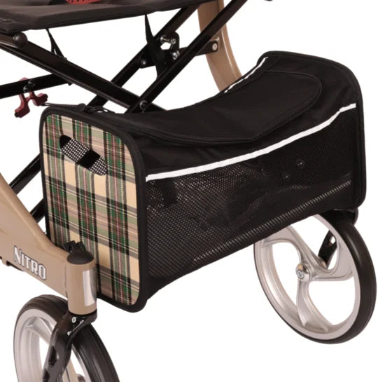 Drive Nitro Premium Rollator with champagne-colored fabric and built-in storage bag, designed for enhanced mobility and comfort.