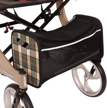 Drive Nitro Premium Rollator with champagne-colored fabric and built-in storage bag, designed for enhanced mobility and comfort.