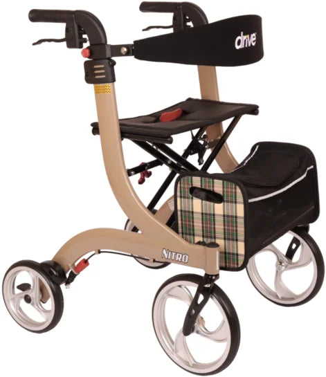 Drive Premium Nitro Rollator with adjustable height, chrome frame, and comfortable hand grips for mobility assistance.