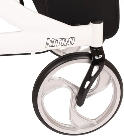 Drive Premium Nitro Rollator with white rubber wheels and sturdy frame, designed for mobility and support.