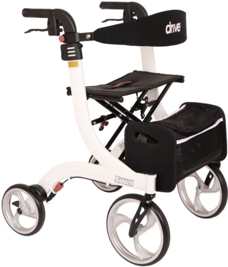 Drive Premium Nitro Rollator in white with a sturdy frame, comfortable seat, and ergonomic handles for easy mobility.