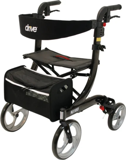 Drive Premium Nitro Rollator in black with ergonomic handles and sturdy frame, designed for mobility support and outdoor use.