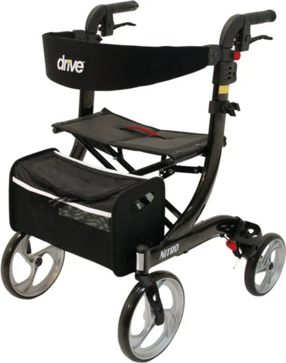 Drive Premium Nitro Rollator in black with ergonomic handles and sturdy frame, designed for mobility support and outdoor use.