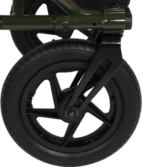 Drive Torro Outdoor rollator with tan-green PU tires and sturdy frame, designed for outdoor mobility and stability.