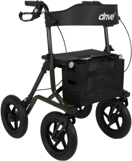 Drive Torro Outdoor rollator in tannengrun color with sturdy frame and adjustable handles for outdoor mobility.