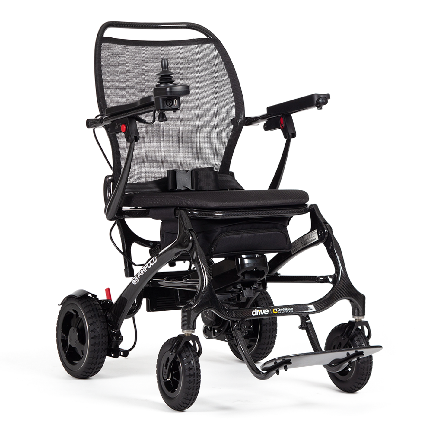 Drive AirFold PowerChair in black, compact foldable electric wheelchair with joystick control and cushioned seat.