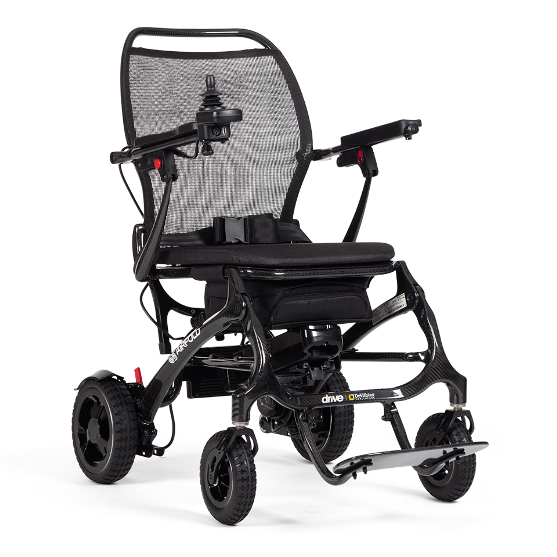 Drive AirFold PowerChair in black, compact foldable electric wheelchair with joystick control and cushioned seat.