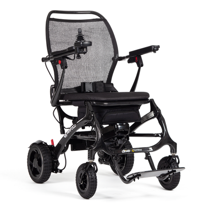 Drive AirFold PowerChair in black, compact foldable electric wheelchair with joystick control and cushioned seat.