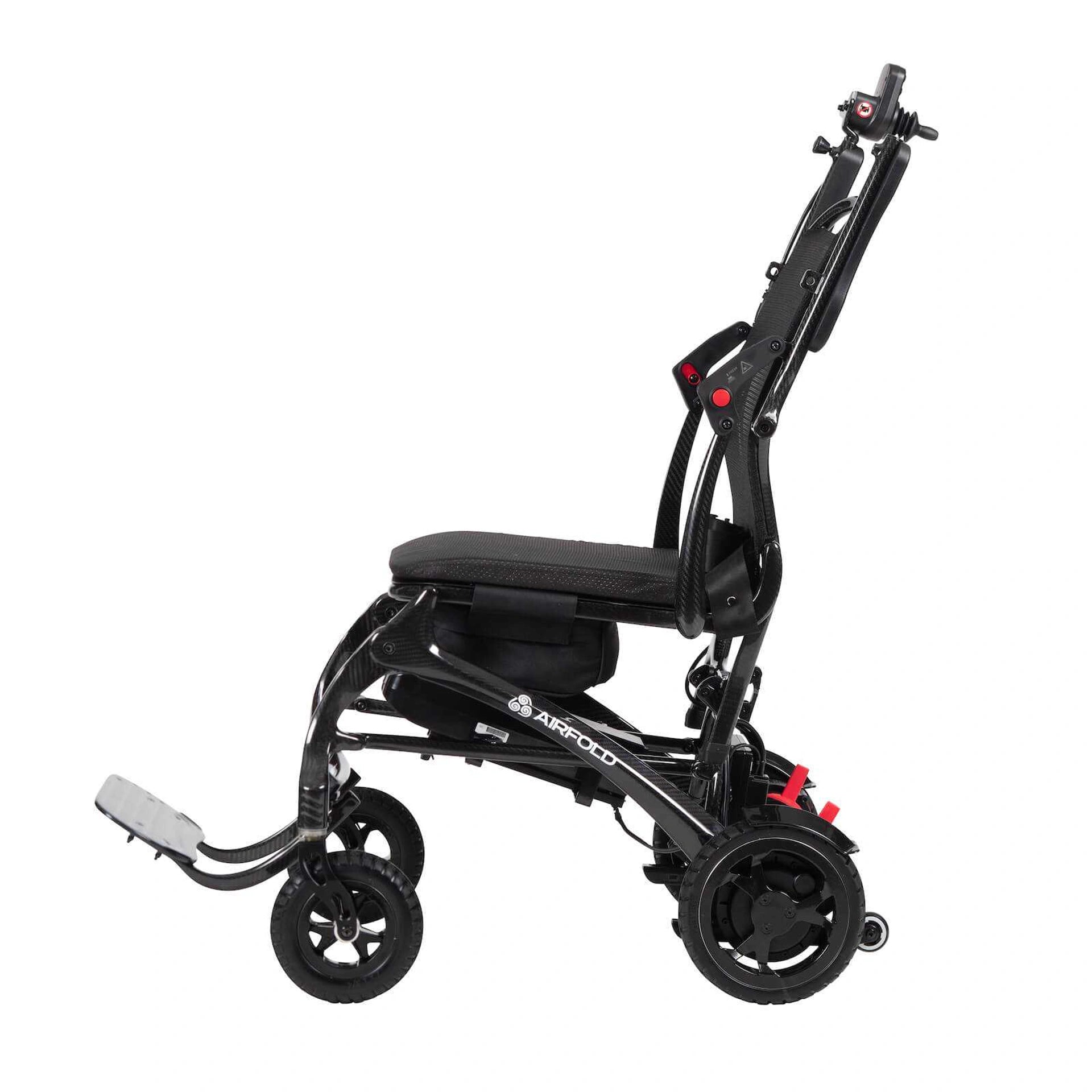 Drive AirFold PowerChair in black with a compact foldable design, featuring a cushioned seat and sturdy wheels.