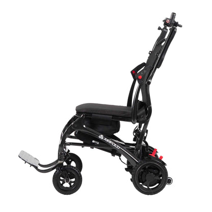 Drive AirFold PowerChair in black with a compact foldable design, featuring a cushioned seat and sturdy wheels.