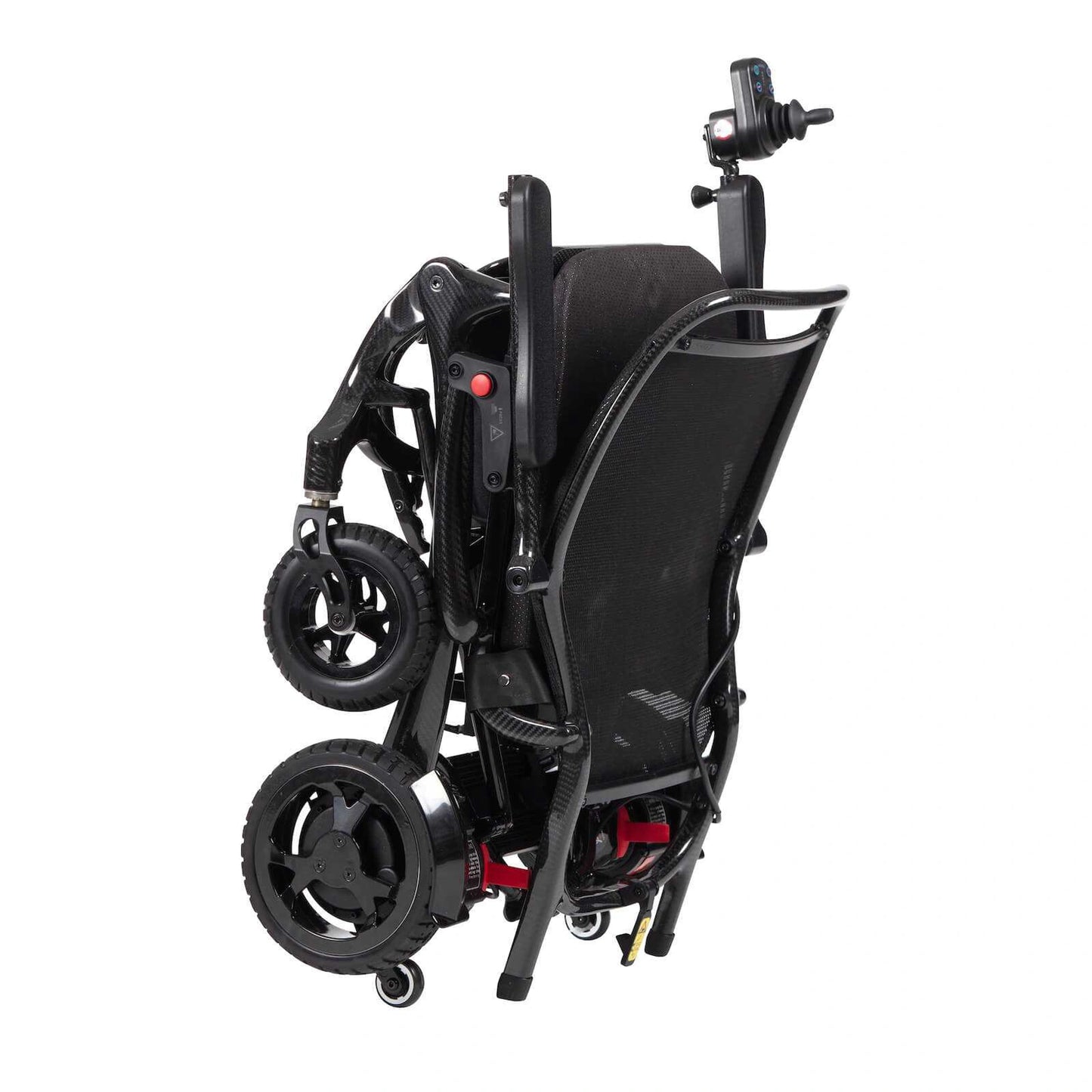 Drive AirFold power wheelchair in black, featuring a compact design and adjustable seating for easy indoor and outdoor mobility.