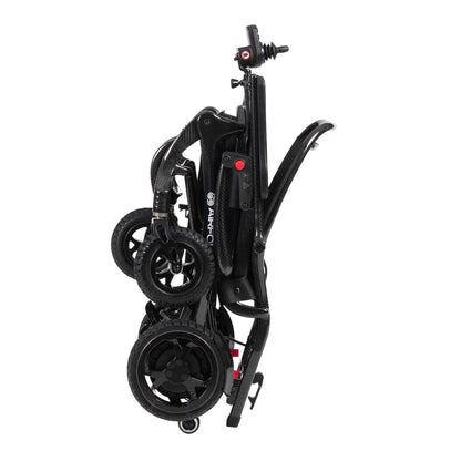 Drive AirFold PowerChair in black with compact foldable design, featuring sturdy wheels and ergonomic seating for mobility.