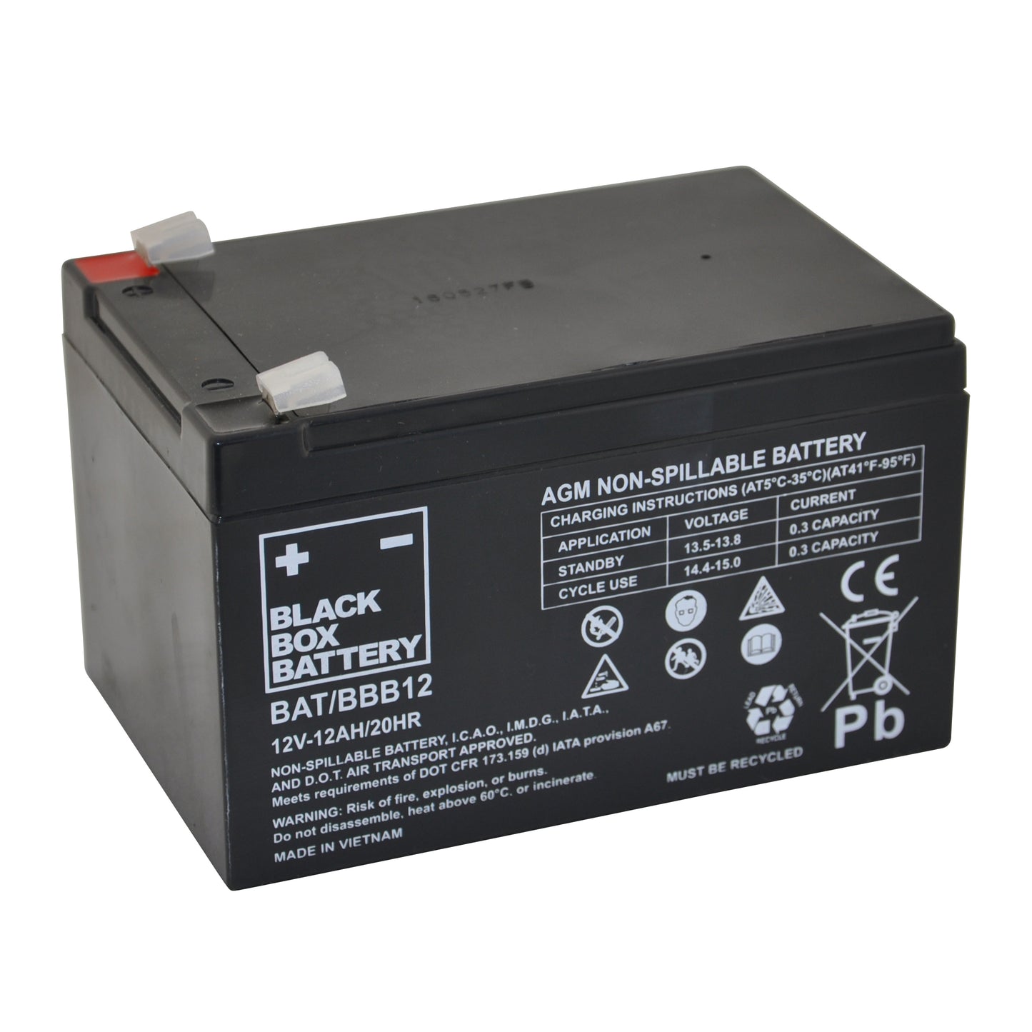 Black AGM battery from Keepmobile Scooters with labeled terminals, designed for reliable power in mobility scooters.