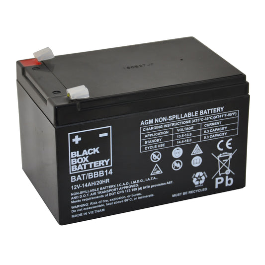 Black AGM battery from Keepmobile Scooters, showing the compact, durable design of the BBB14 model for electric scooter use.