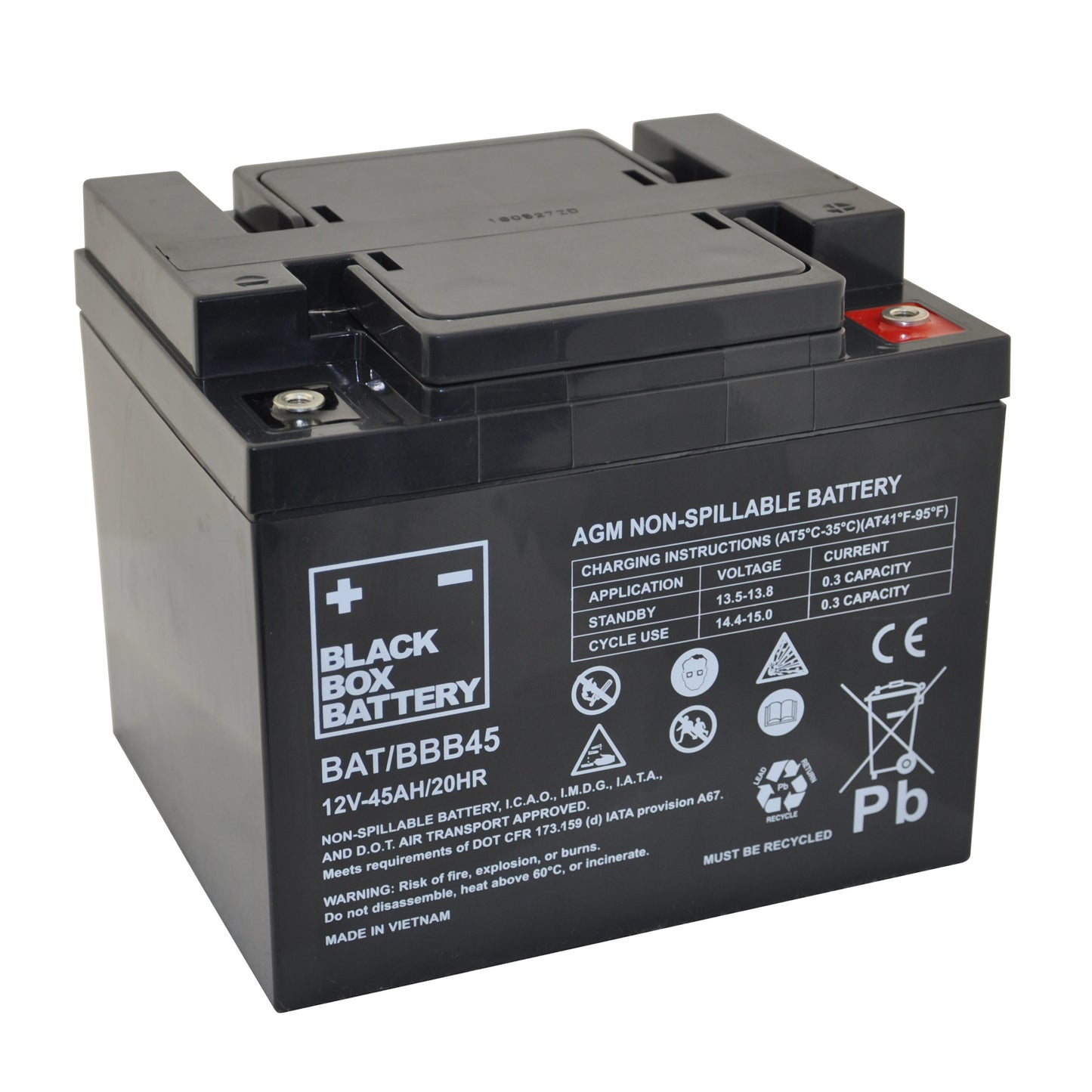 Black AGM battery from Keepmobile Scooters, showing a close-up of the BBB45 model with terminal connections and label.