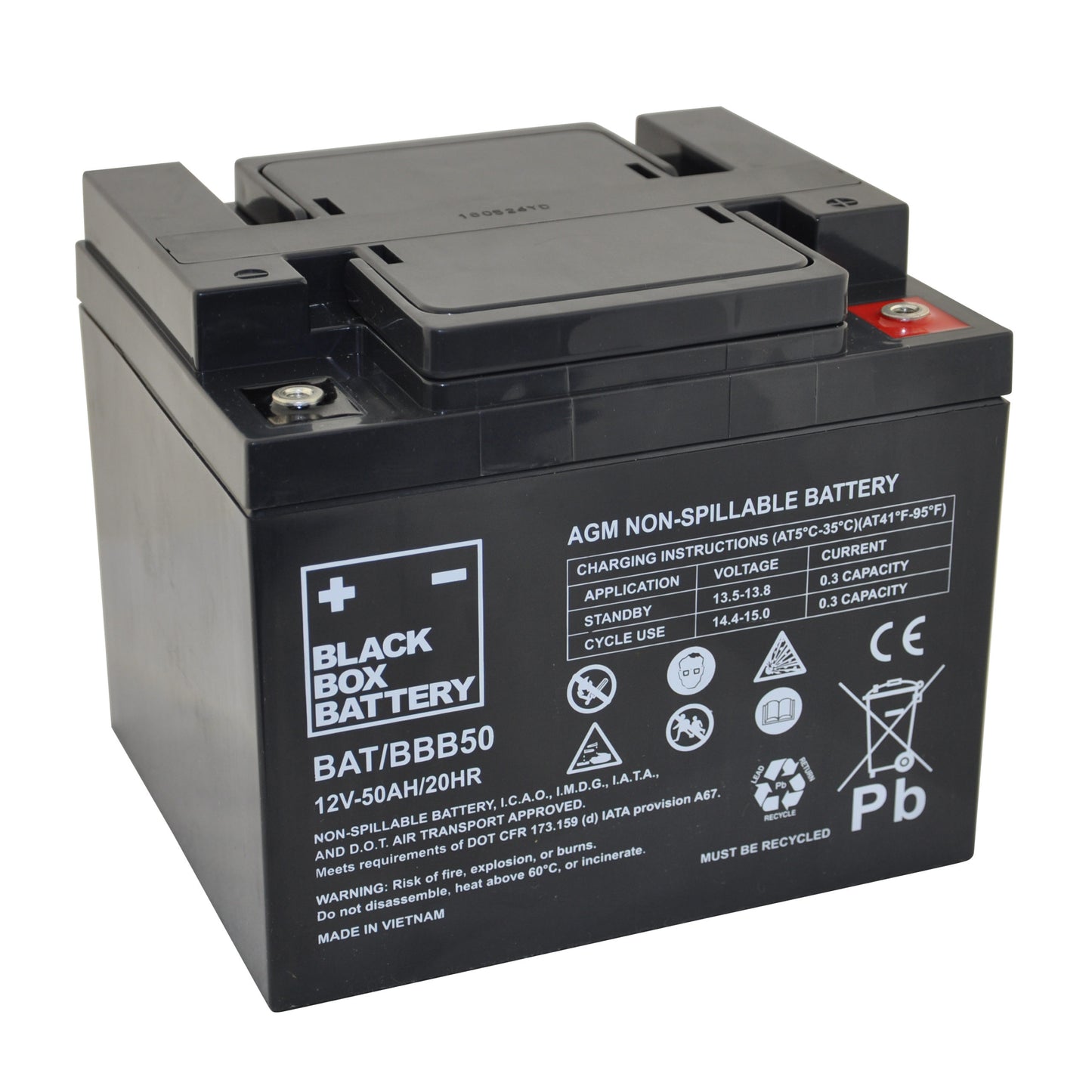 Black AGM battery from Keepmobile Scooters with labeled terminals and a compact design for mobility scooter power.