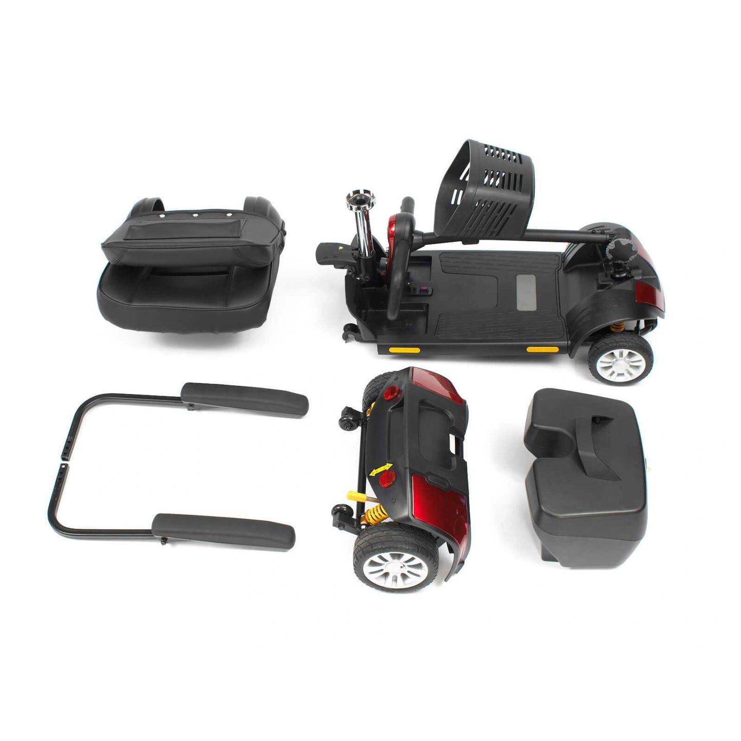 Red Drive Jaunt Plus mobility scooter with comfortable seat, control panel, and sturdy wheels for easy outdoor travel.