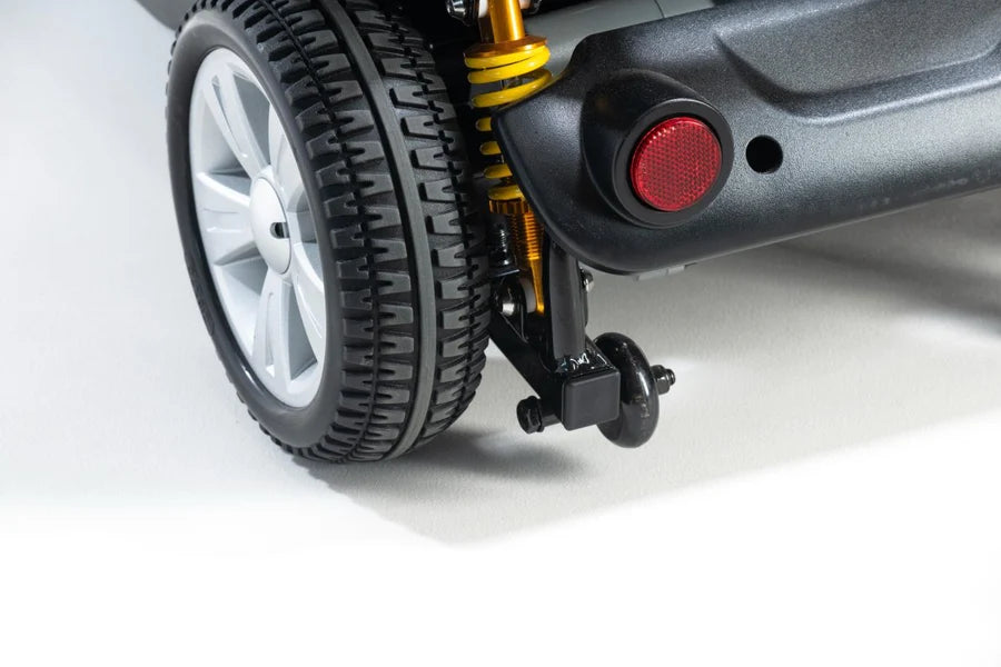 Drive Valiant mobility scooter in black with a comfortable seat and control panel, designed for easy outdoor transportation.