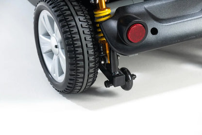 Drive Valiant mobility scooter in black with a comfortable seat and control panel, designed for easy outdoor transportation.