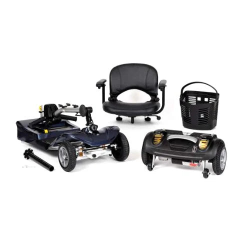 Drive AstroLite mobility scooter disassembled, showing compact frame, wheels, and key components for easy transport and storage.