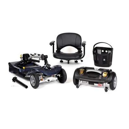 Drive AstroLite mobility scooter disassembled, showing compact frame, wheels, and key components for easy transport and storage.