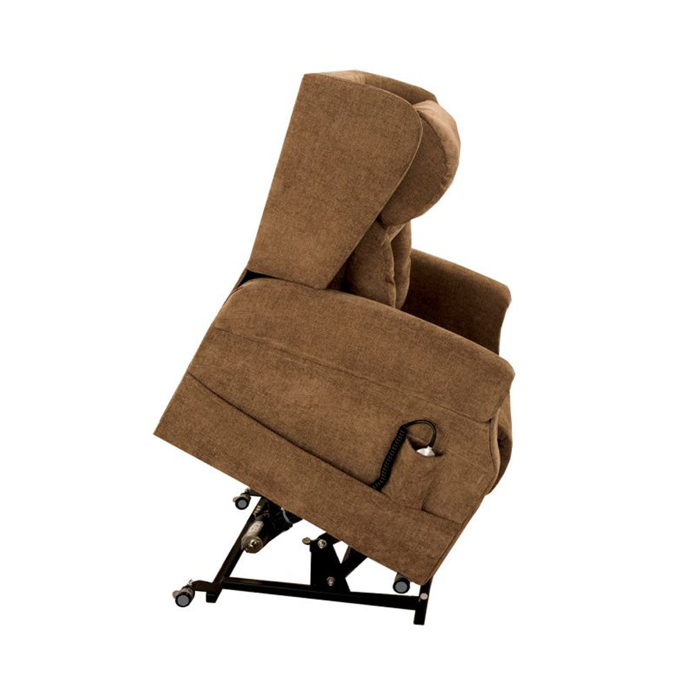 Electric Mobility Fenlake tailored lateral riser recliner in a tilted position with plush upholstery and ergonomic design.