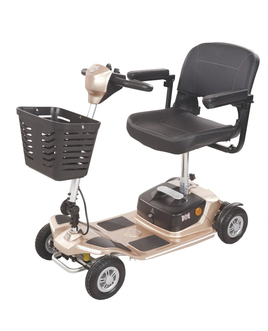 Electric Mobility Rascal Luxe mobility scooter in champagne color with comfortable seat and sleek design.