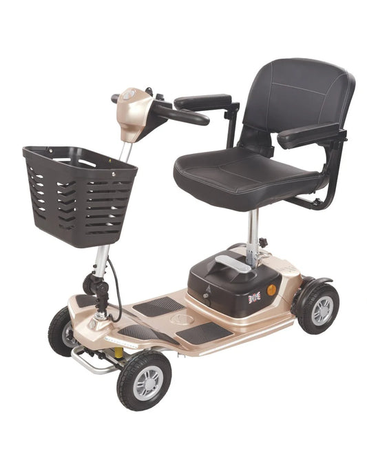 Electric Mobility Rascal Luxe mobility scooter in champagne color with comfortable seat and sleek design.