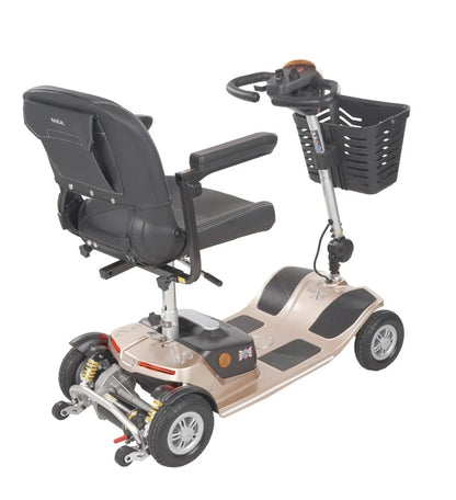 Electric Mobility Rascal Luxe Champagne mobility scooter viewed from the back, showcasing its compact design and sturdy frame.