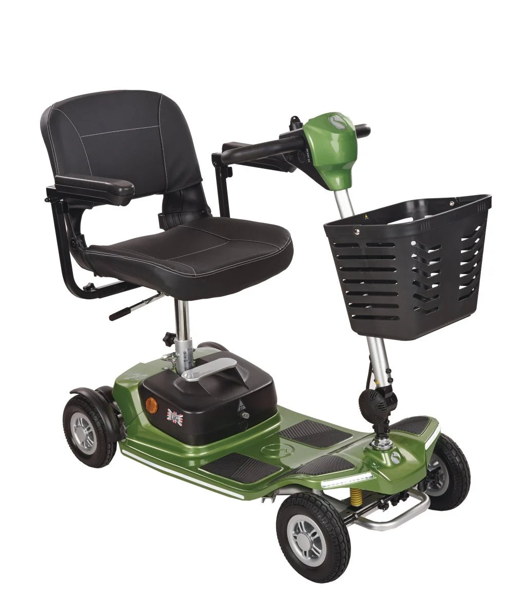 Electric Mobility Rascal Luxe Jade Green mobility scooter with a sleek design and comfortable seat for easy outdoor travel.