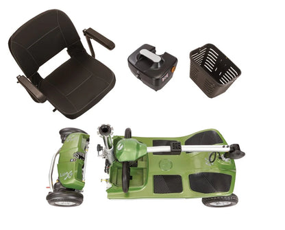 Electric Mobility Rascal Luxe mobility scooter in Jade Green, displayed partially dismantled showing wheels and seat components.