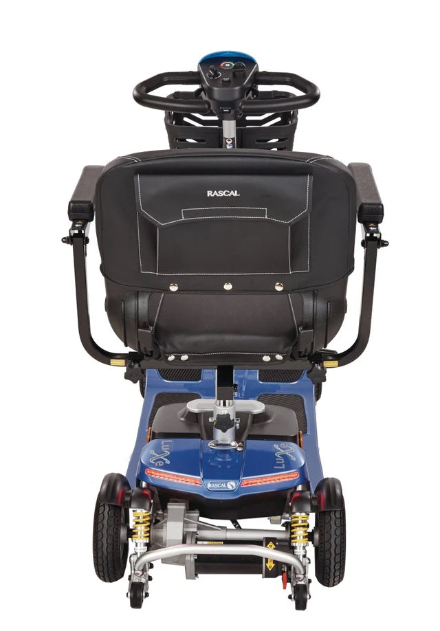 Electric Mobility Rascal Luxe Royal Blue mobility scooter shown from the back, featuring its compact design and sleek finish.