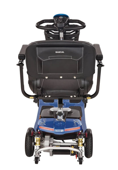 Electric Mobility Rascal Luxe Royal Blue mobility scooter shown from the back, featuring its compact design and sleek finish.