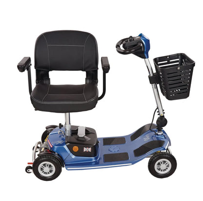 Electric Mobility Rascal Luxe Royal Blue mobility scooter shown from side angle with full swivel seat.