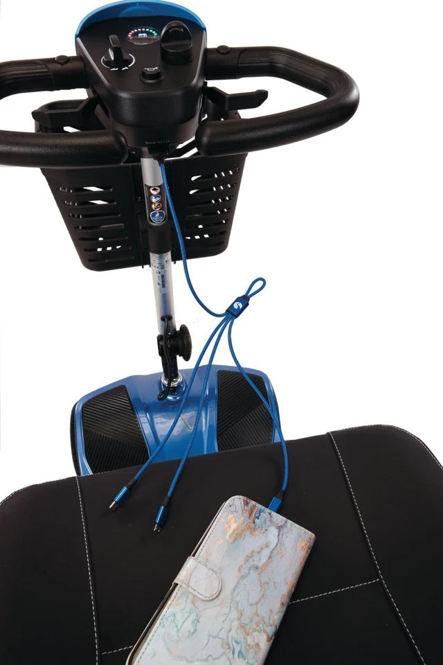 Electric Mobility Rascal Luxe Royal Blue mobility scooter with tiller and phone holder, designed for comfortable outdoor use.