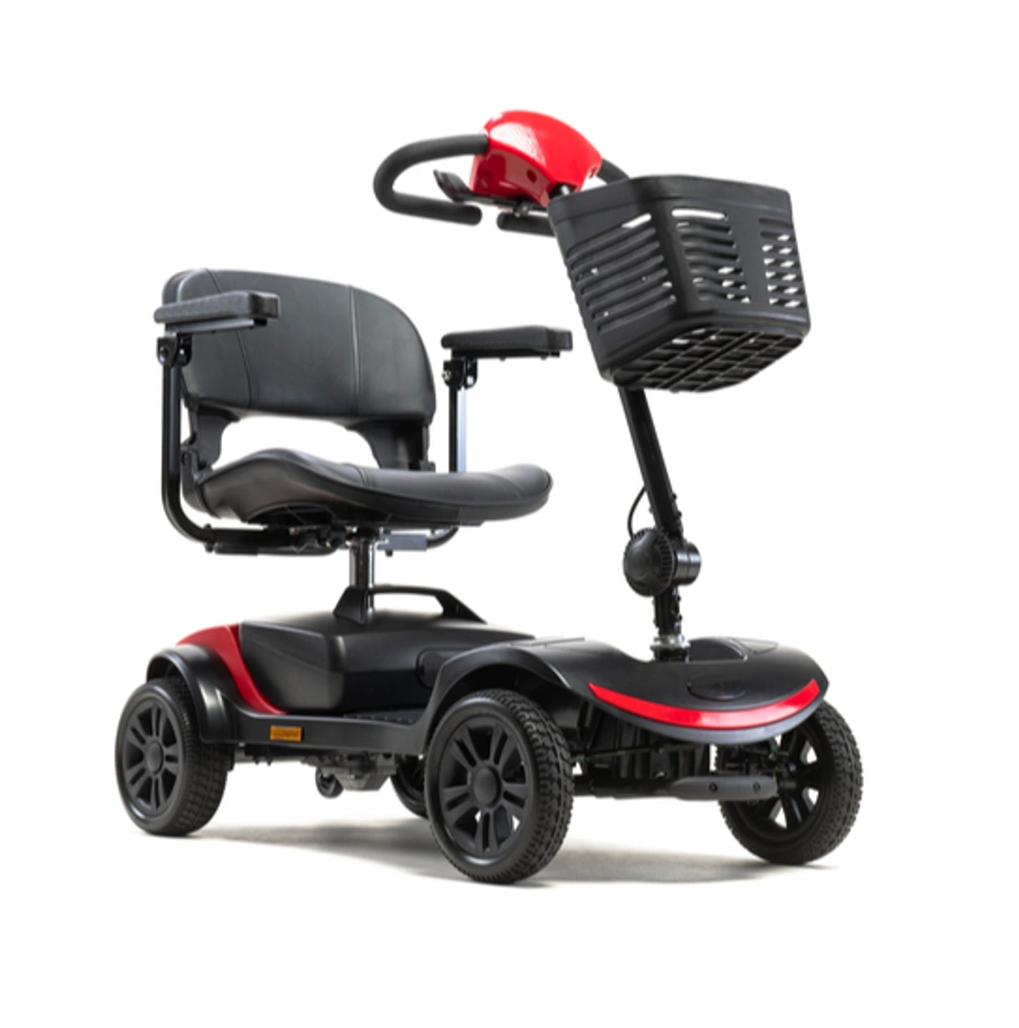 Red Drive portable mobility scooter with a compact design, featuring a comfortable seat and handlebars for easy transportation.